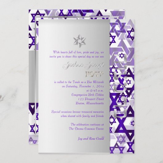 Invitation PixDezines mod stars/Bar Mitzvah/violet/argent (Devant / Derrière)