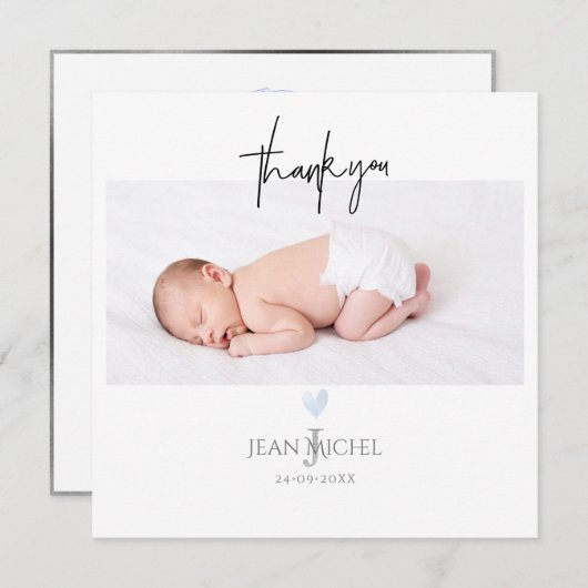 Invitation PixDezines Monogramme Merci Bébé Bleu Coeur (Devant / Derrière)