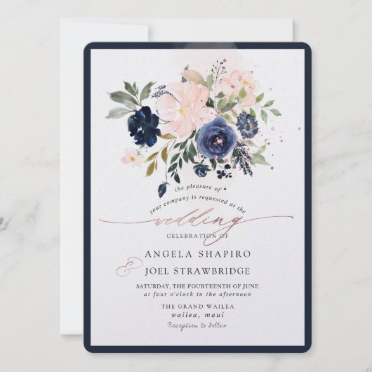 Invitation PixDezines Navy Blush Watercolor Flower (Devant)