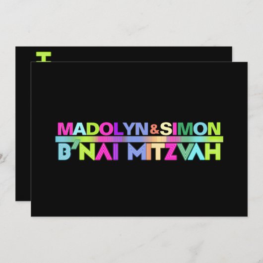 Invitation PixDezines Neon Lights B'nai Mitzvah ✡ (Devant / Derrière)