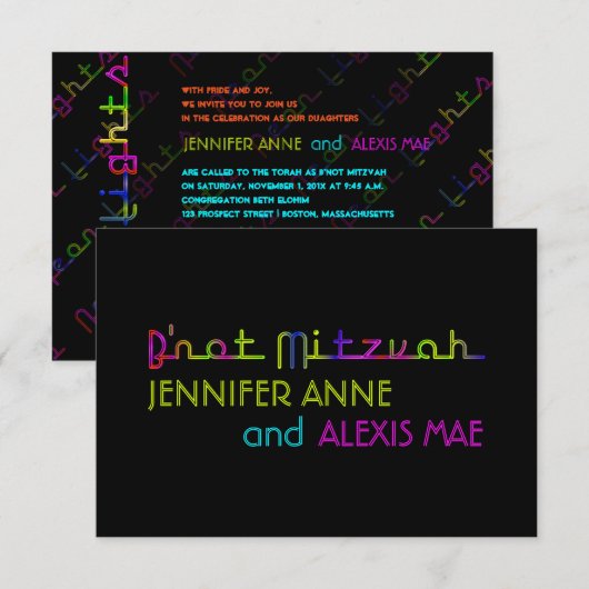 Invitation PixDezines néons b'not mitzvah (Devant / Derrière)