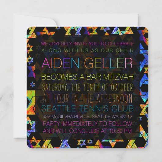 Invitation PixDezines néons/typographie/bar mitzvah Invitatio (Dos)
