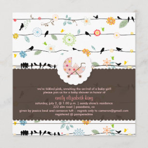 Invitation PixDezines Oiseaux Sur Fils+Minidots baby shower/D