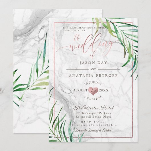 Invitation PixDezines Palmes de verdure+Marbre+Coeur d'or Ros (Devant / Derrière)