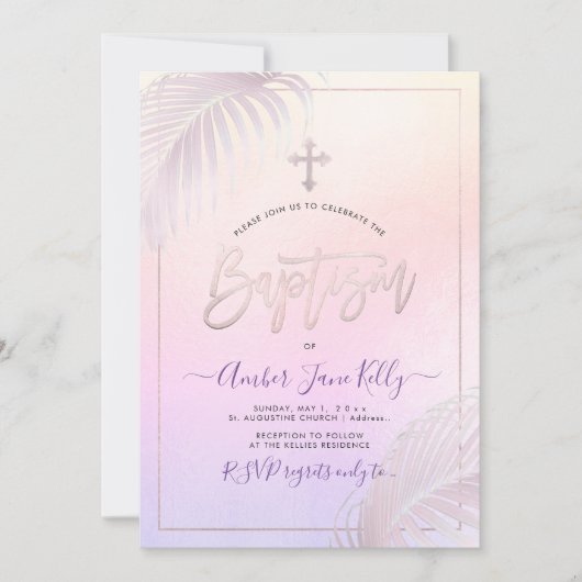 Invitation PixDezines Palms D'Argent Rose Baptême (Devant)