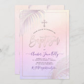 Invitation PixDezines Palms D'Argent Rose Baptême (Devant / Derrière)