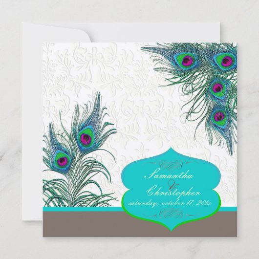 Invitation PixDezines paon plumes/aqua/turquoise (Devant)