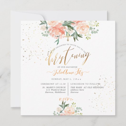Invitation PixDezines Peach Watercolor Flowers Christening (Devant)