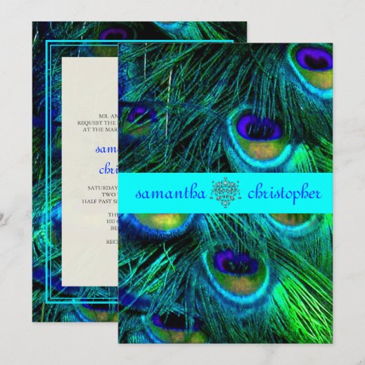 Invitation PixDezines PEACOCK FEATHER/AQUA/TURQUOISE INVITATI (Devant / Derrière)