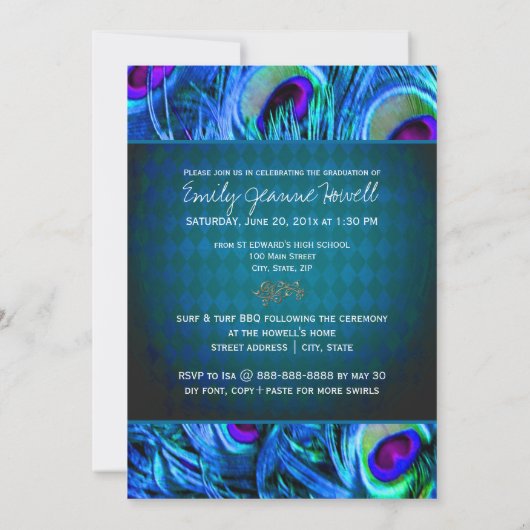 Invitation PixDezines Peacock Feather Graduation (Dos)