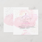 Invitation PixDezines Pink Aquarelle Palms Christening (Devant / Derrière)