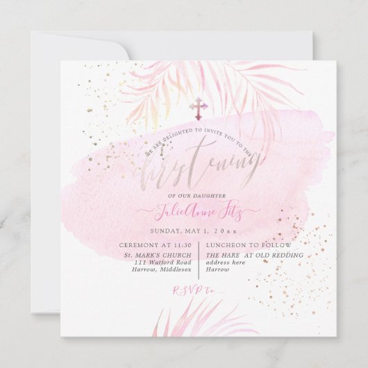 Invitation PixDezines Pink Aquarelle Palms Christening (Devant)
