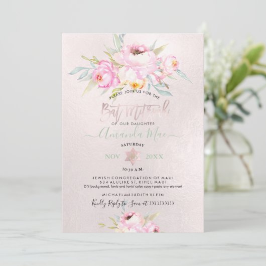Invitation PixDezines Pink Peonies Aquarelle Bat Mitzvah (Debout devant)