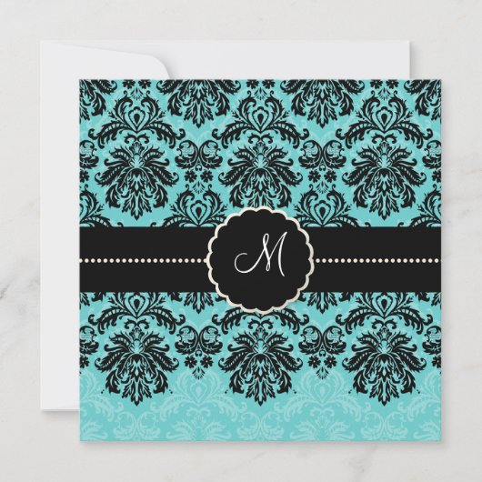 Invitation PixDezines Piqué, Damask / Black+Aqua Blue Velvet (Devant)