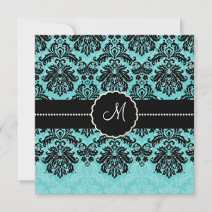 Invitation PixDezines Piqué, Damask / Black+Aqua Blue Velvet