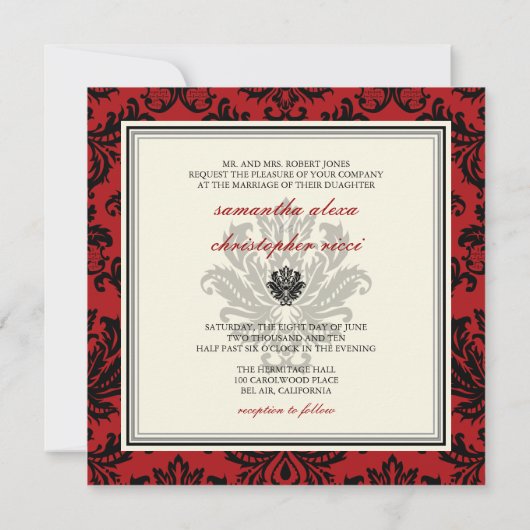 Invitation PixDezines Piqué, Damask/Black+DO-IT-YOURSELF Red  (Dos)