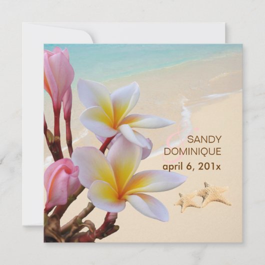 Invitation PixDezines Plumeria rose + Plage + étoiles de mer (Devant)