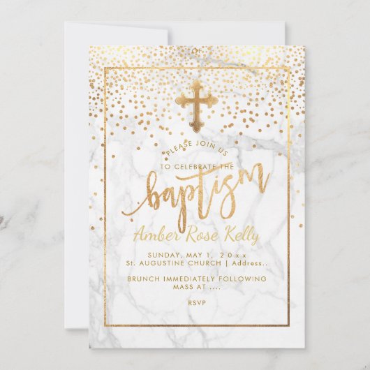 Invitation PixDezines Points Marble+Faux Gold/Baptême (Devant)
