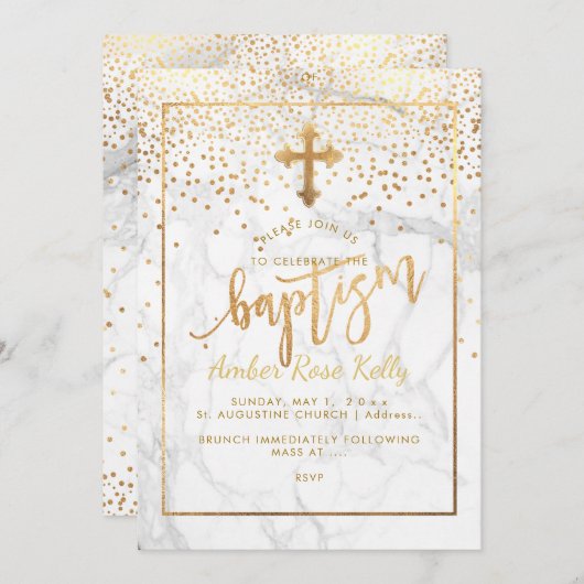 Invitation PixDezines Points Marble+Faux Gold/Baptême (Devant / Derrière)
