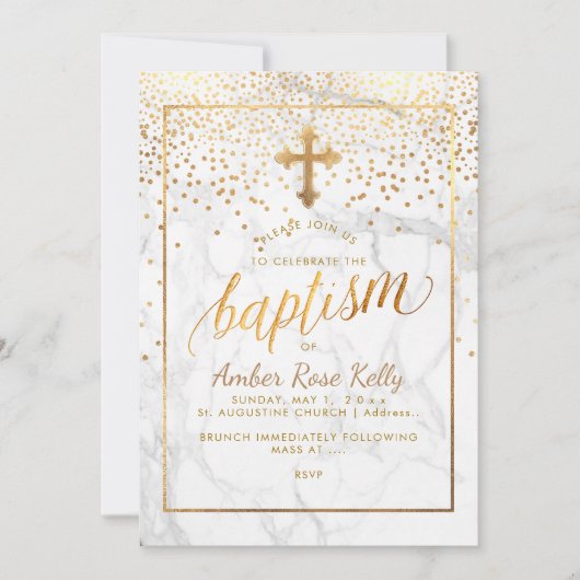 Invitation PixDezines Points Marble+Faux Gold/Baptême (Devant)