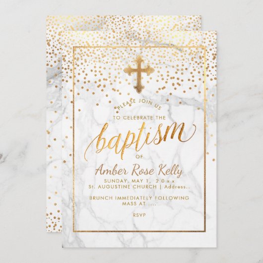 Invitation PixDezines Points Marble+Faux Gold/Baptême (Devant / Derrière)