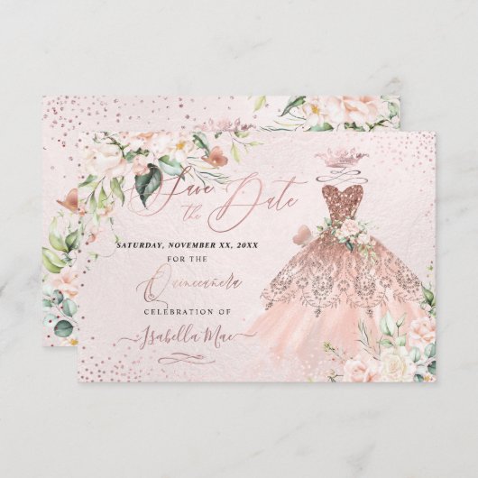 Invitation PixDezines Quinceanera Enregistrer la date Rose or (Devant / Derrière)