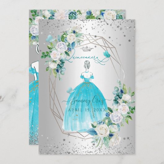 Invitation PixDezines Quinceanera H2 Fleurs Aqua Robe Bleue (Devant / Derrière)