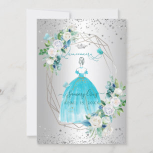 Invitation PixDezines Quinceanera H2 Fleurs Aqua Robe Bleue