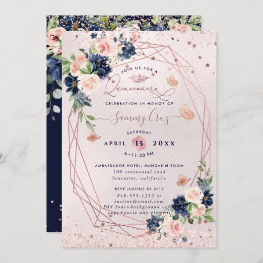 Invitation PixDezines Quinceanera H2 Fleurs Blush Navy (Devant / Derrière)