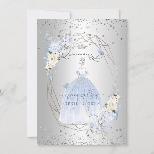 Invitation PixDezines Quinceanera H2 Fleurs Dusty Blue Roses (Devant)