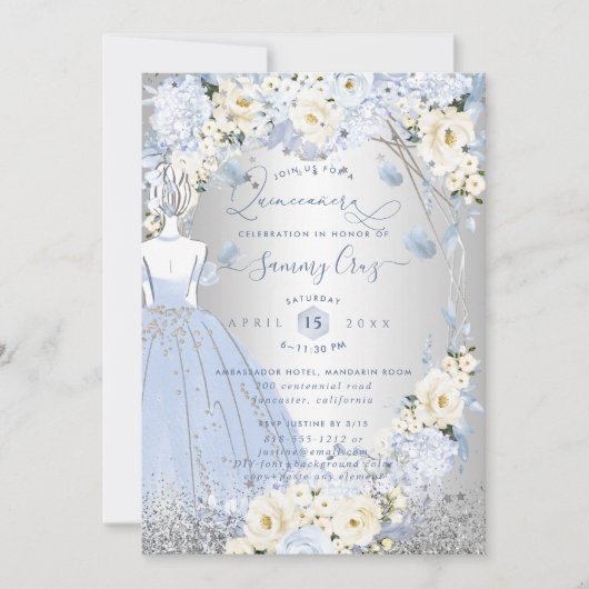 Invitation PixDezines Quinceanera H2 Fleurs Dusty Blue Roses (Devant)