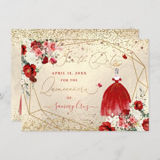 Invitation PixDezines Quinceanera Red Gown Enregistrer la dat (Devant / Derrière)