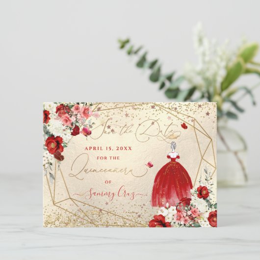 Invitation PixDezines Quinceanera Red Gown Enregistrer la dat (Debout devant)