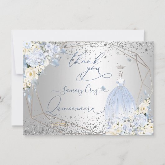 Invitation PixDezines Quinceanera Robe bleue Dusty Merci (Devant)