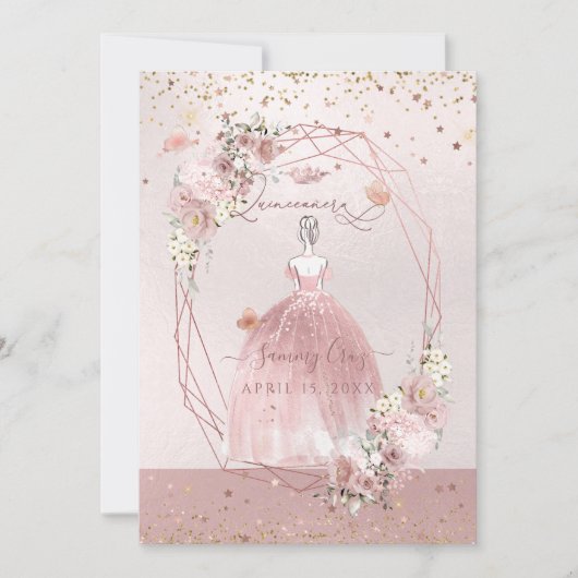 Invitation PixDezines Quinceanera Rose Gold H2 Fleurs Dusty (Devant)