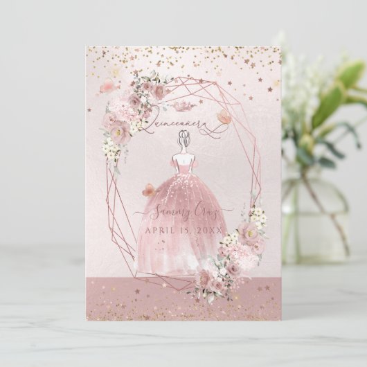 Invitation PixDezines Quinceanera Rose Gold H2 Fleurs Dusty (Debout devant)