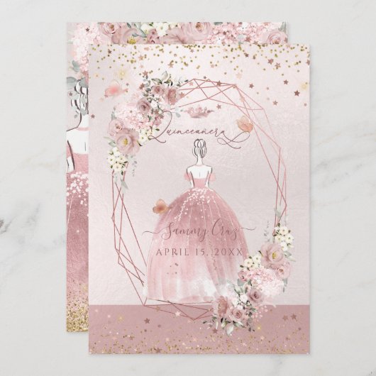 Invitation PixDezines Quinceanera Rose Gold H2 Fleurs Dusty (Devant / Derrière)