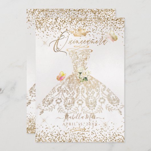 Invitation PixDezines Quinceanera White Gold Parties scintill (Devant / Derrière)