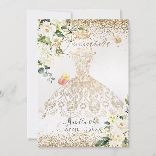 Invitation PixDezines Quinceanera White Gold Parties scintill (Devant)