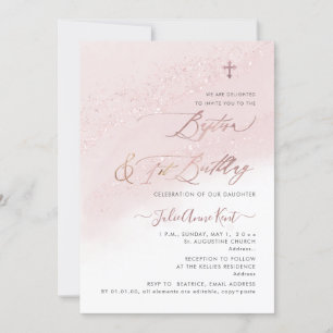 Invitation PixDezines Rose Baptême d'or+1er anniversaire