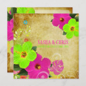 Invitation PixDezines rose chaud+néon vert hibiscus+monstère (Devant / Derrière)