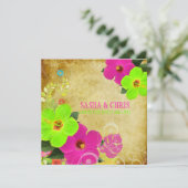 Invitation PixDezines rose chaud+néon vert hibiscus+monstère (Debout devant)