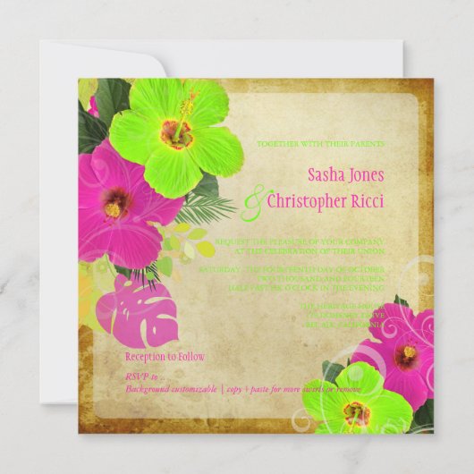 Invitation PixDezines rose chaud+néon vert hibiscus+monstère (Dos)