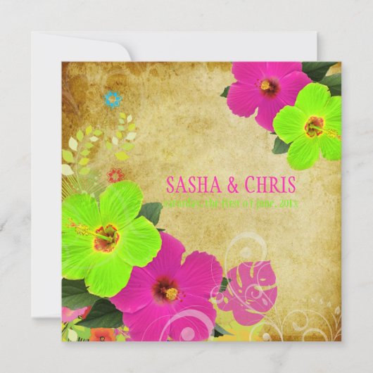 Invitation PixDezines rose chaud+néon vert hibiscus+monstère (Devant)