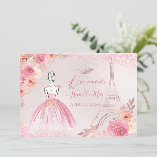 Invitation PixDezines Rose Gold Eiffel Tower Quinceanera (Debout devant)