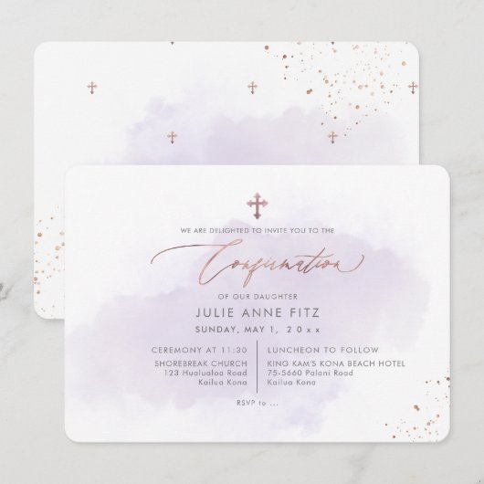 Invitation PixDezines Rose Gold H2 Confirmation Lavée Violet (Devant / Derrière)