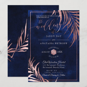 Invitation PixDezines Rose Gold Palm Fronds+H2O Navy