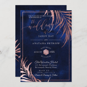 Invitation PixDezines Rose Gold Palm Fronds+H2O Navy