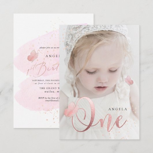 Invitation PixDezines Rose Gold Pink Butterflies Aquarelle (Devant / Derrière)