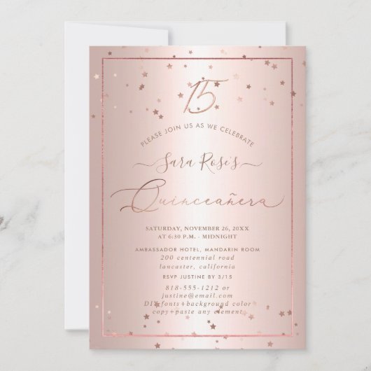 Invitation PixDezines Rose Gold Stars Quinceanera (Devant)